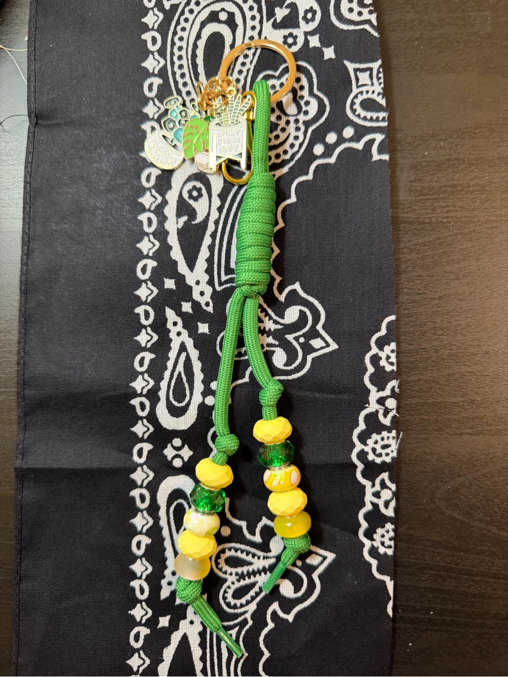 Green and Yellow Beaded Kids Keychain Charm